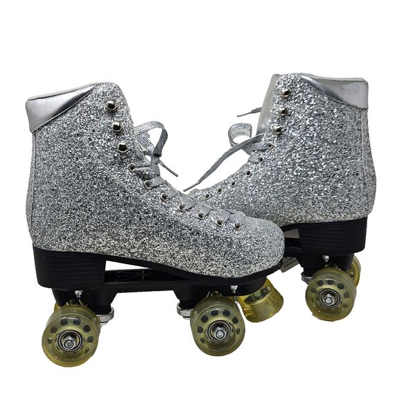 ZARA Rhinestone Roller Skates Limited Edition Four Wheels Sz 7.5 Silver Sparkle - Picture 8 of 11